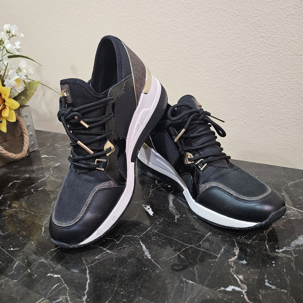 Michael Kors Black Athletic Sneakers with Gold Accents and White Midsole